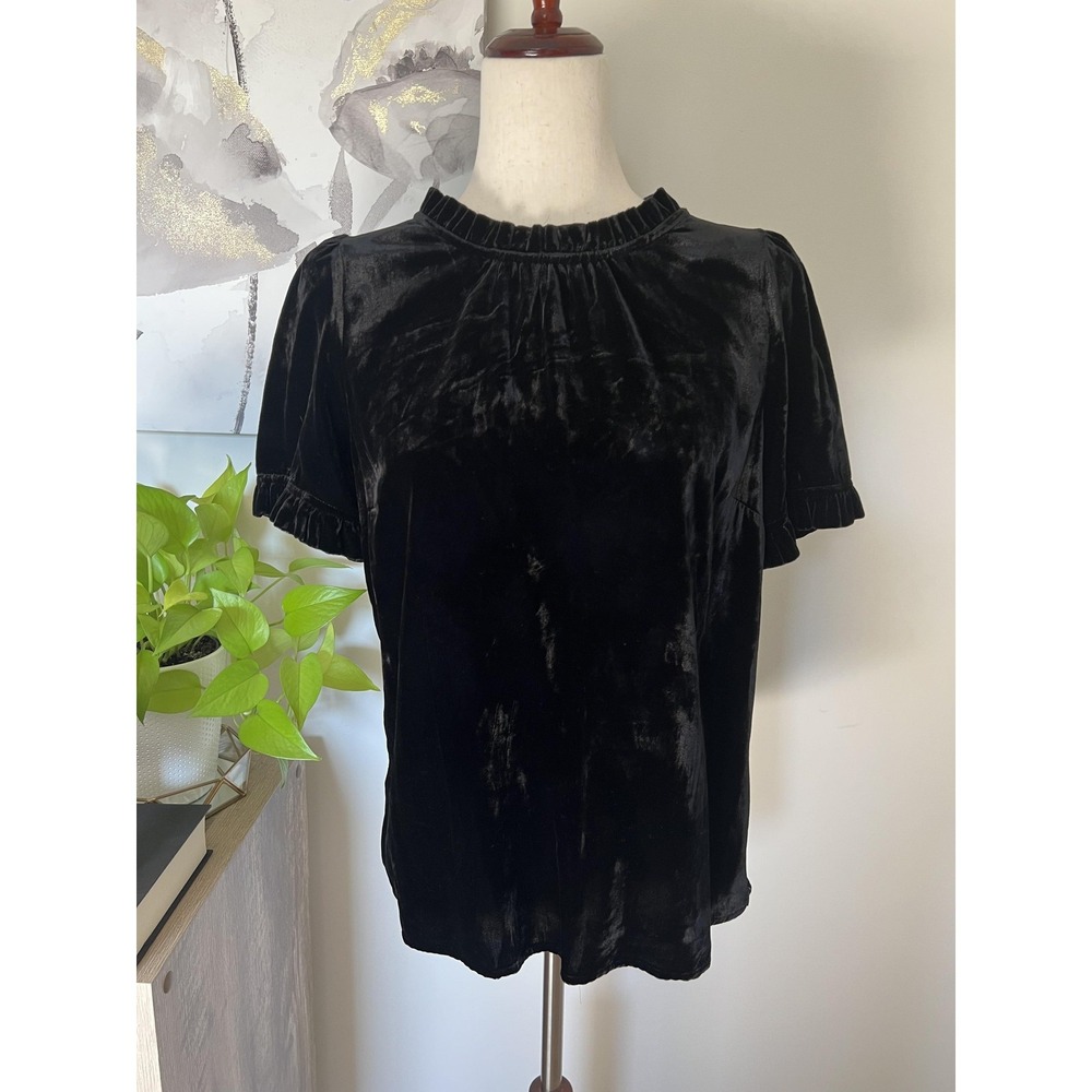Talbots Top Womens Medium Black Velvet Ruffle Puff Sleeve Whimsigoth Vamp Blouse